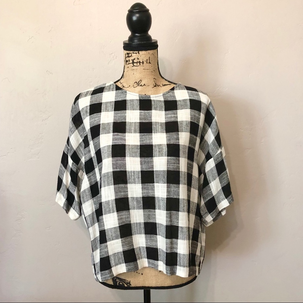 Zara Basic Checkered Linen Blouse Size M - Picture 2 of 8